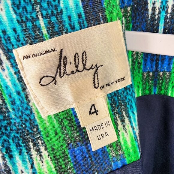 Milly Green Blue Novelty Peplum Sheath Dress Size 4 Mod 60s Retro Designer - Picture 5 of 7